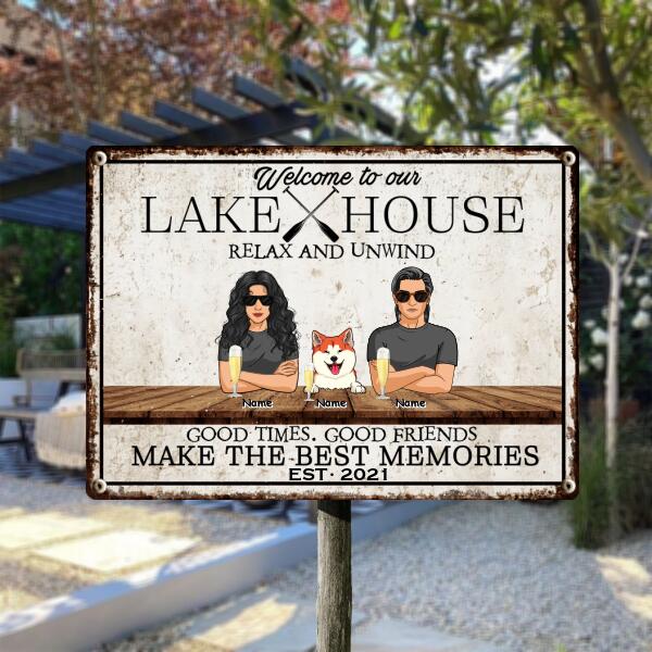 Pawzity Metal Lake House Sign, Gifts For Pet Lovers, Relax And Unwind Good Times Good Friends Personalized Family Sign