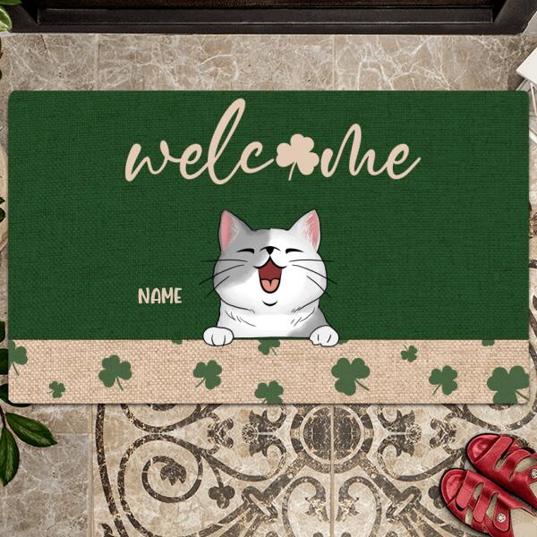 St. Patrick's Day Welcome Mat, Gifts For Pet Lovers, Shamrock Green Background Outdoor Door Mat
