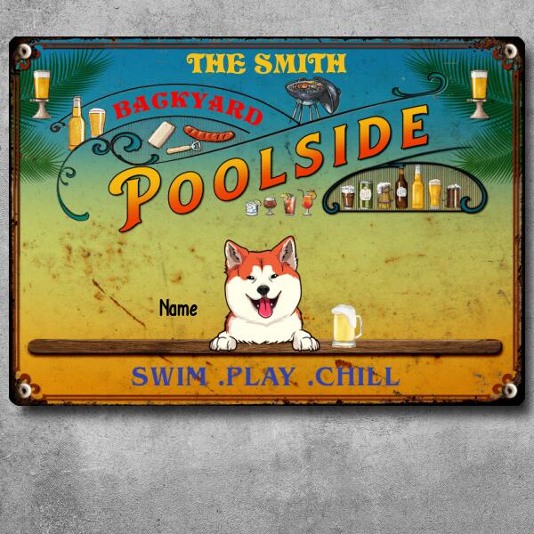 Pawzity Metal Backyard Poolside Signs, Gifts For Pet Lovers, Swim Play Chill Drink & Food Personalized Family Sign