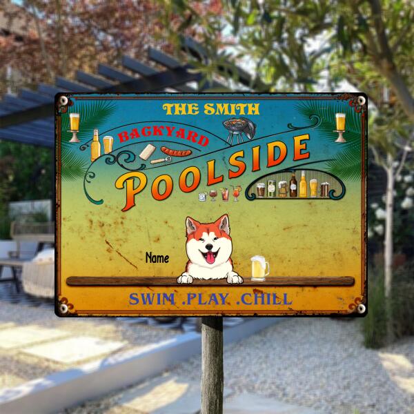 Pawzity Metal Backyard Poolside Signs, Gifts For Pet Lovers, Swim Play Chill Drink & Food Personalized Family Sign