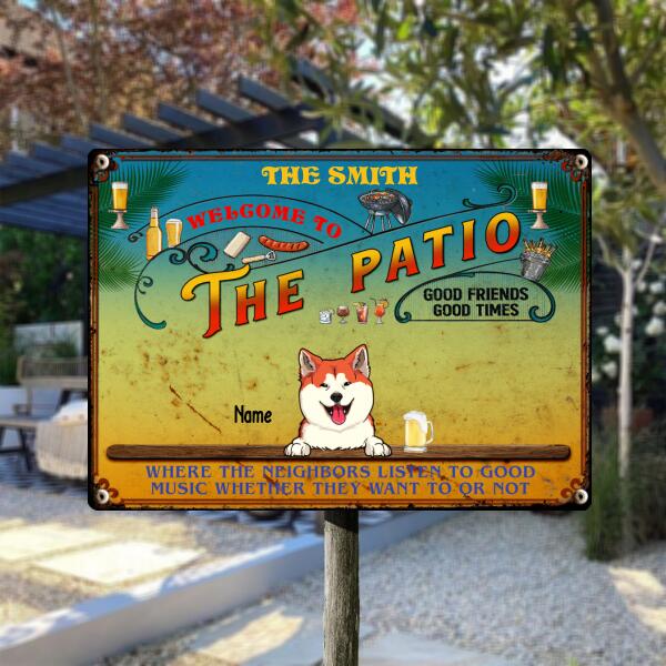 Pawzity Metal Backyard Patio Signs, Gifts For Pet Lovers, Where The Neighbors Listen To Good Music Personalized Family Sign