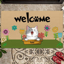 Pawzity Welcome Mat, Gifts For Cat Lovers, Cats In Boxes And Flower Front Door Mat, Personalized Housewarming Gifts