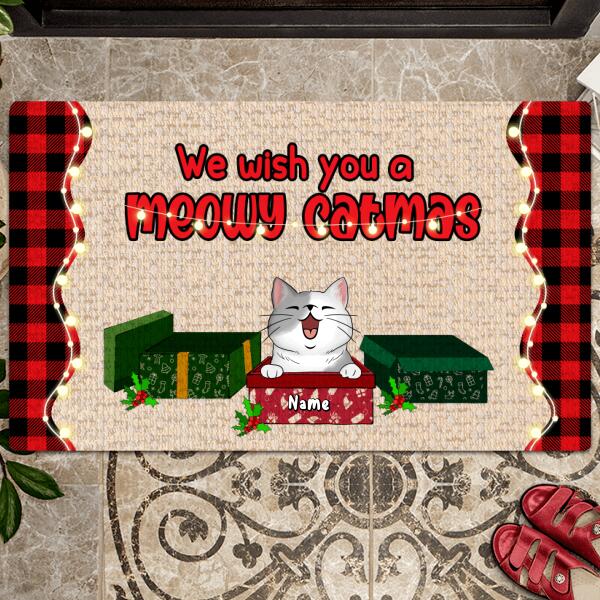 Christmas Personalized Doormat, Gifts For Cat Lovers, We Wish You A Meowy Catmas Buffalo Plaid Front Door Mat