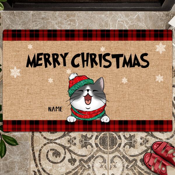 Christmas Personalized Doormat, Gifts For Cat Lovers, Merry Christmas Buffalo Plaid Front Door Mat