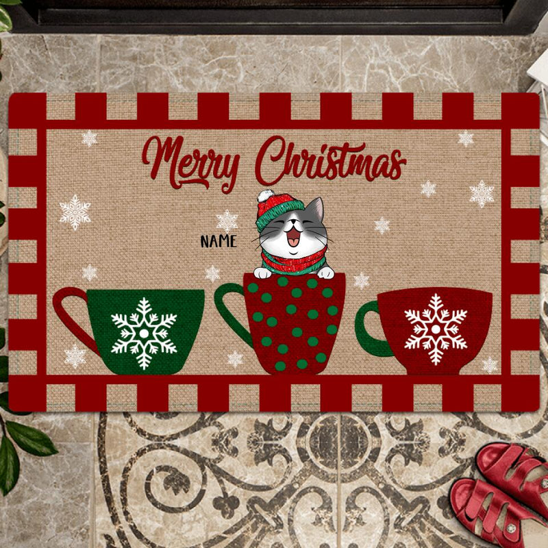 Christmas Personalized Doormat, Gifts For Cat Lovers, Merry Christmas Cats In Cups Holiday Doormat