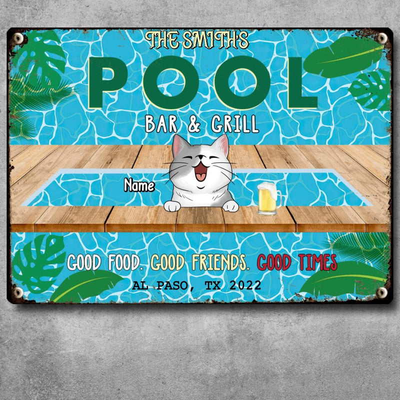 Pawzity Metal Pool Bar & Grill Sign, Gifts For Pet Lovers, Good Food Good Friends Good Times Dog & Cat In A Pool