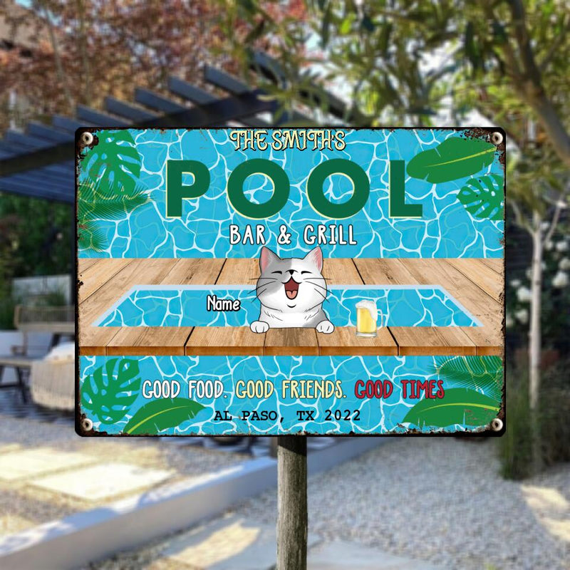 Pawzity Metal Pool Bar & Grill Sign, Gifts For Pet Lovers, Good Food Good Friends Good Times Dog & Cat In A Pool