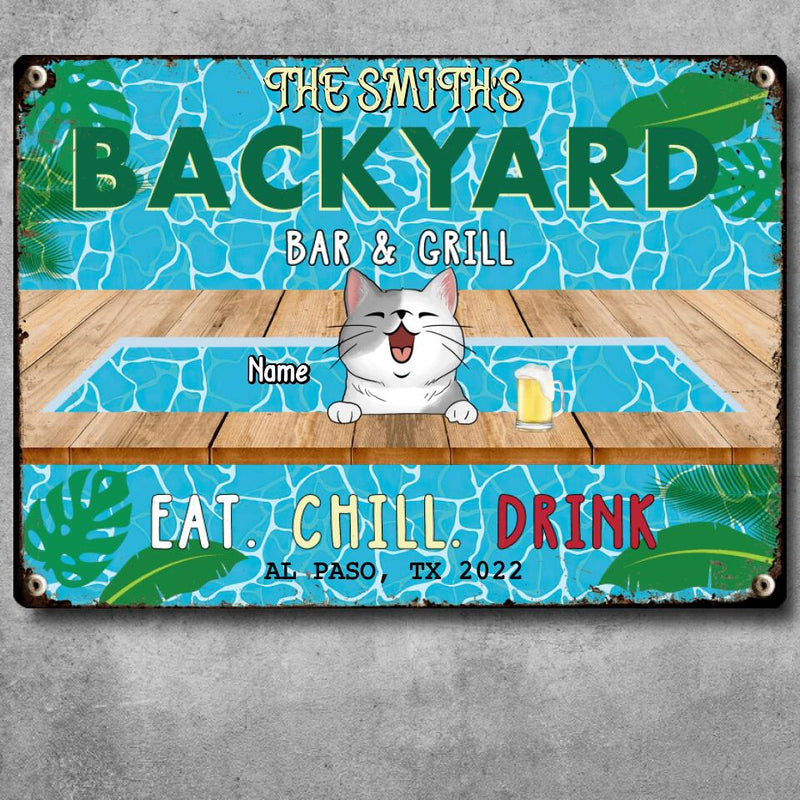 Pawzity Metal Backyard Bar & Grill Sign, Gifts For Pet Lovers, Eat Chill Drink Dog & Cat In A Pool