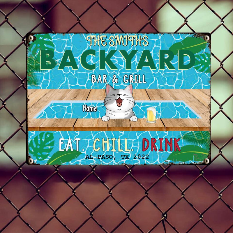 Pawzity Metal Backyard Bar & Grill Sign, Gifts For Pet Lovers, Eat Chill Drink Dog & Cat In A Pool