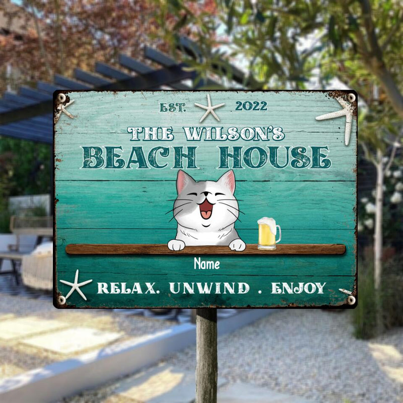 Metal Yard Sign, Gifts For Pet Lovers, Beach House Relax Unwind Enjoy Personalized Home Sign