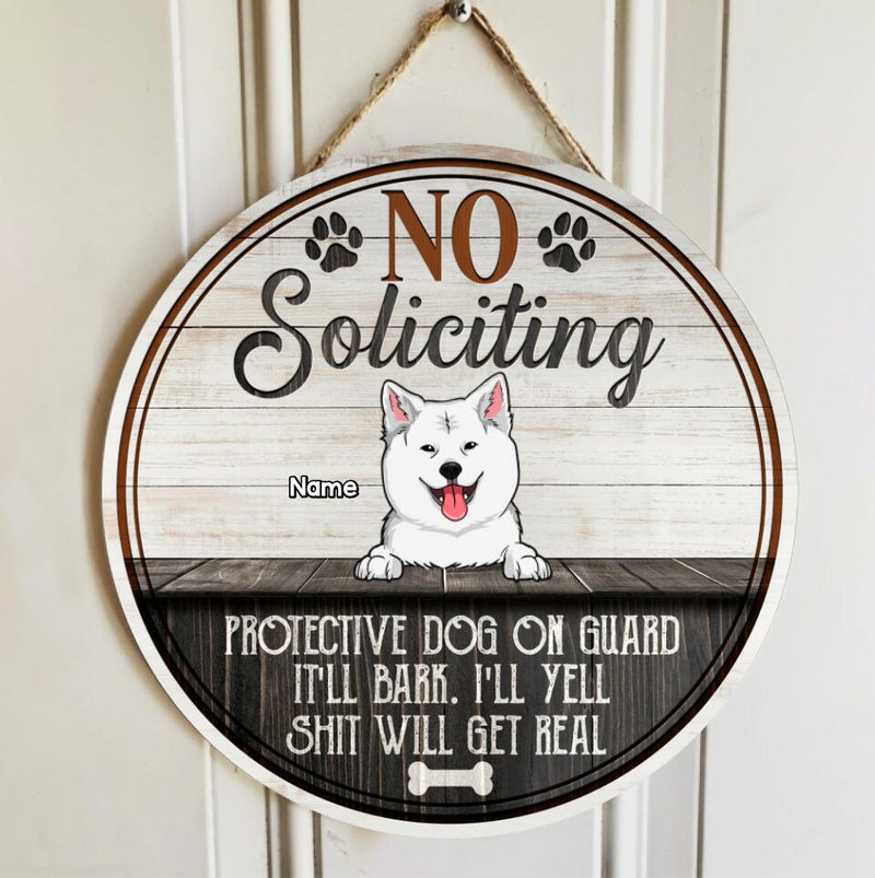 Pawzity Custom Wooden Signs, Gifts For Dog Lovers, No Soliciting Protective Dogs On Guard Retro Signs