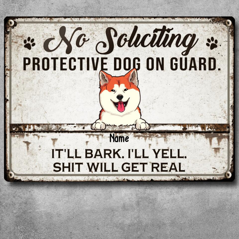 Pawzity Metal Yard Sign, Gifts For Dog Lovers, No Soliciting Protective Dogs On Guard They'll Bark Vintage Signs