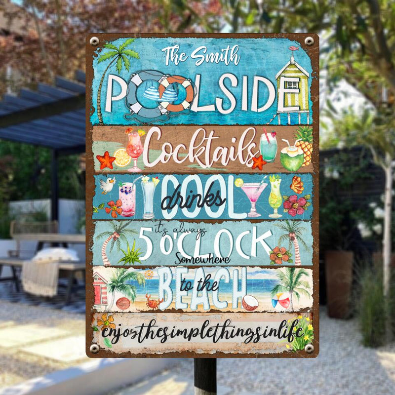 Pawzity Metal Poolside Sign, Gifts For Family, Cocktails Cool Drinks It's Always 5 O'clock Hawaiian Styles Signs