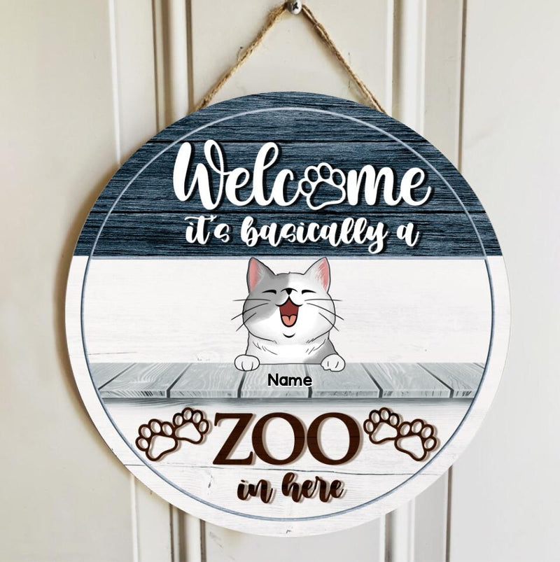 Pawzity Personalized Wood Signs, Gifts For Cat Lovers, It's Basically A Zoo In Here Welcome Door Signs