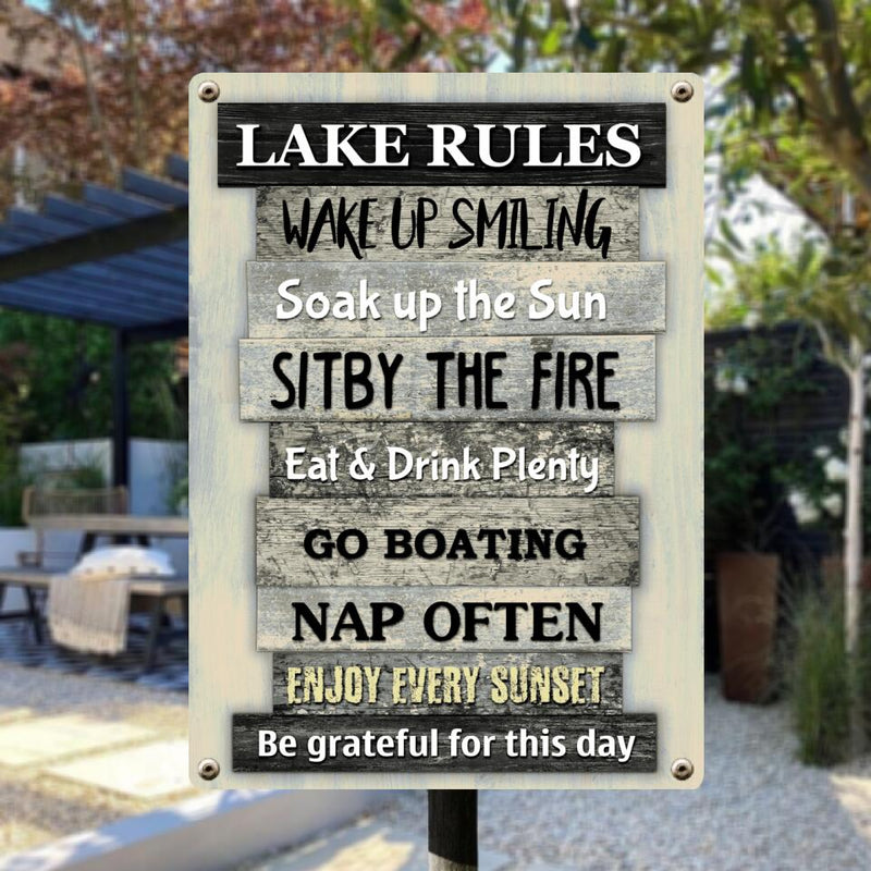 Pawzity Metal Lake Sign, Lake Rules Wake Up Smiling Soak Up The Sun Sit By The Fire, Personalized Housewarming Gifts