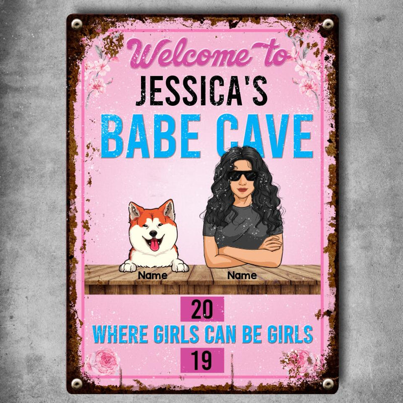 Pawzity Metal Yard Sign, Gifts For Pet Lovers, Welcome To My Babe Cave Where Girls Can be Girls Pink Welcome Signs