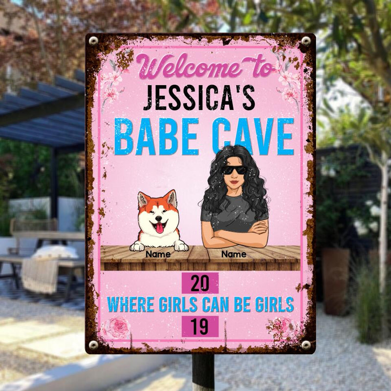 Pawzity Metal Yard Sign, Gifts For Pet Lovers, Welcome To My Babe Cave Where Girls Can be Girls Pink Welcome Signs