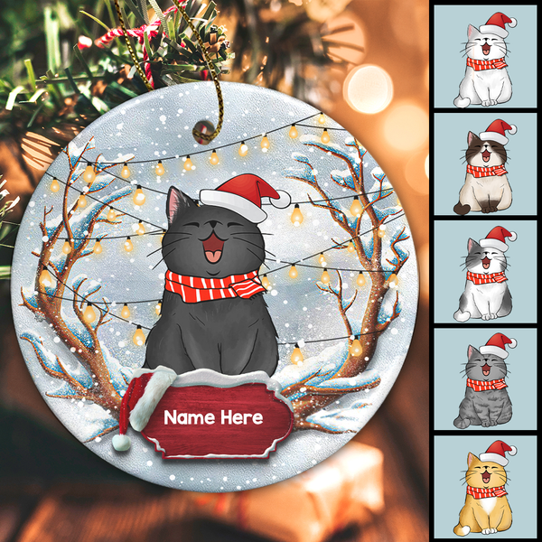 Christmas Cat Snowy String Lights Circle Ceramic Ornament, Personalized Cat Lovers Decorative Christmas Ornament