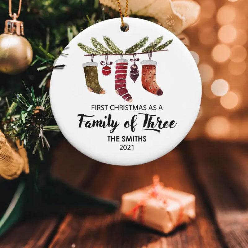 Family of 3 Opening Christmas Gifts by the Tree Personalized Christmas  Ornament