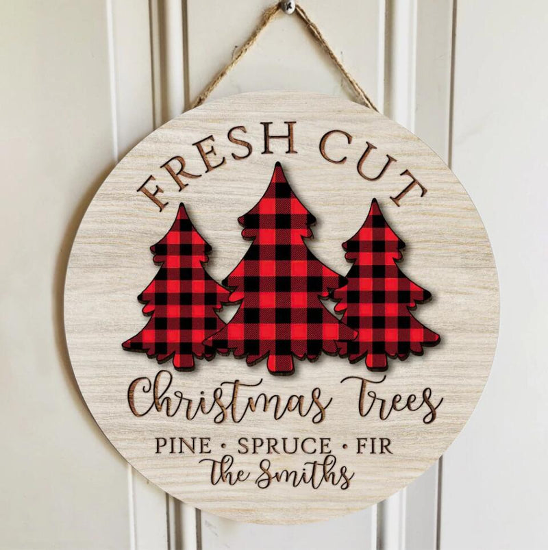 Red Buffalo Plaid Christmas Trees Door Hanger, Personalized Family Name Sign, Custom Front Door Sign, Christmas Sign, Christmas Door Decor