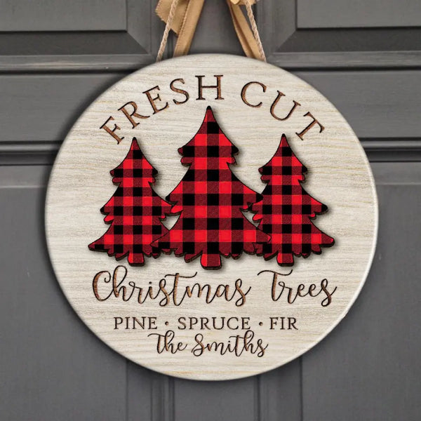 Red Buffalo Plaid Christmas Trees Door Hanger, Personalized Family Name Sign, Custom Front Door Sign, Christmas Sign, Christmas Door Decor