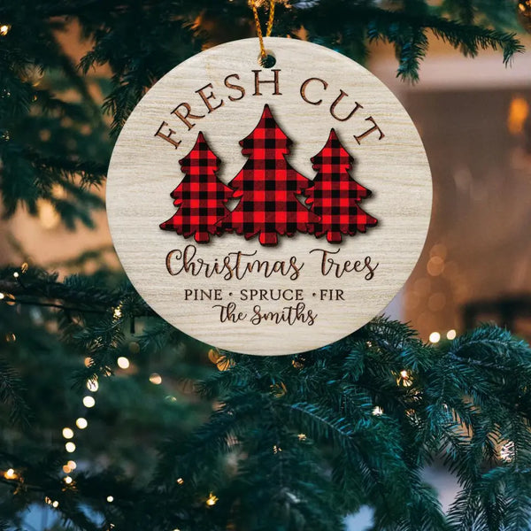 Family 3 Ornament, Christmas Gift, Buffalo Plaid Trees, Custom Ornament, Custom Family Gift, Christmas Decoration, Christmas Tree Decor, 2022 Holiday Gift