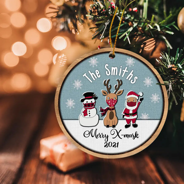 Merry X-Mask Ornament, Custom Family Ornament, Funny Snowman Reindeer Santa 2022 Christmas Ornament, Pandemic Ornament, 2022 Covid Ornament