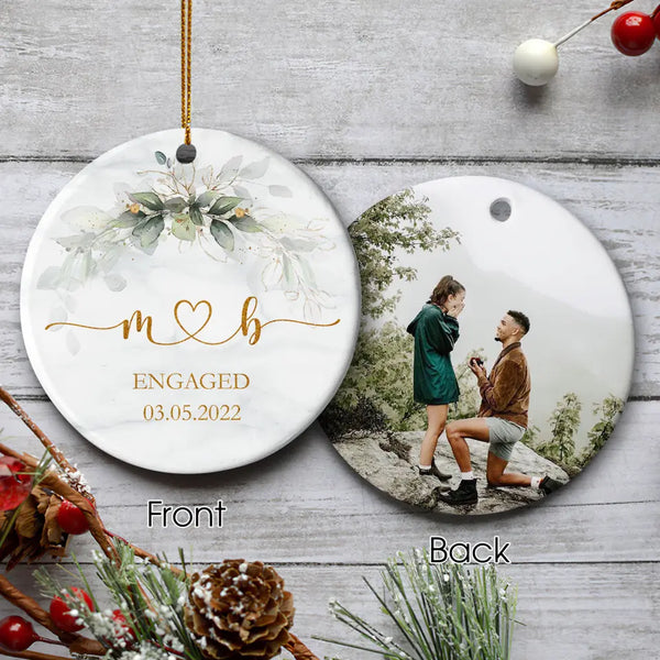 Personalized Engagement Ornament, Engaged Christmas Ornament, Ceramic Photo Ornament, Engagement Gift For Couple, Just Engaged Couple Gift