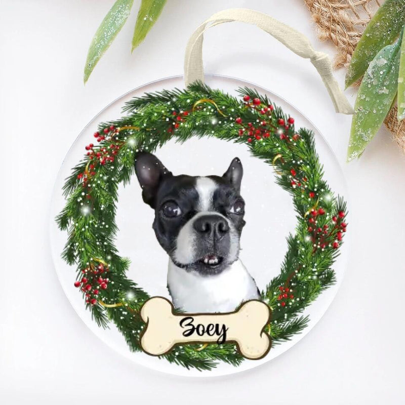 Custom Dog Christmas Ornament, Personalized Pet Ornament, Custom Pet Memorial Ornament, Dog Cat Photo Ornament, Wreath Pet Portrait Ornament