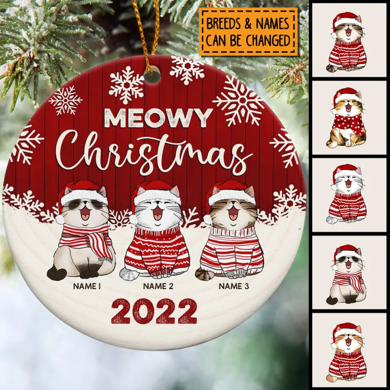 Personalised Meowy Christmas Red Wooden Circle Ceramic Ornament - Personalized Cat Lovers Decorative Christmas Ornament