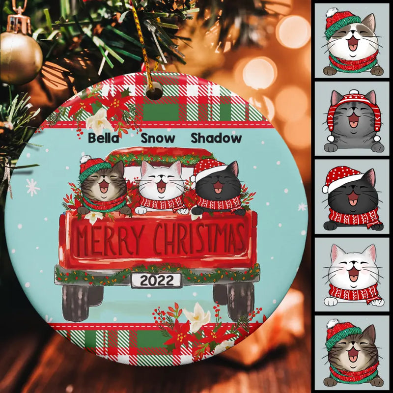 Merry Xmas Red Plaid Top & Bottom Circle Ceramic Ornament - Personalized Cat Lovers Decorative Christmas Ornament