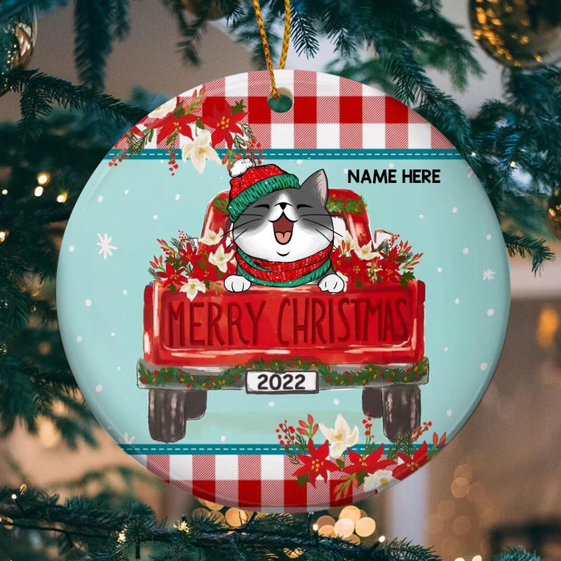 Merry Xmas Red Plaid Top & Bottom Circle Ceramic Ornament - Personalized Cat Lovers Decorative Christmas Ornament