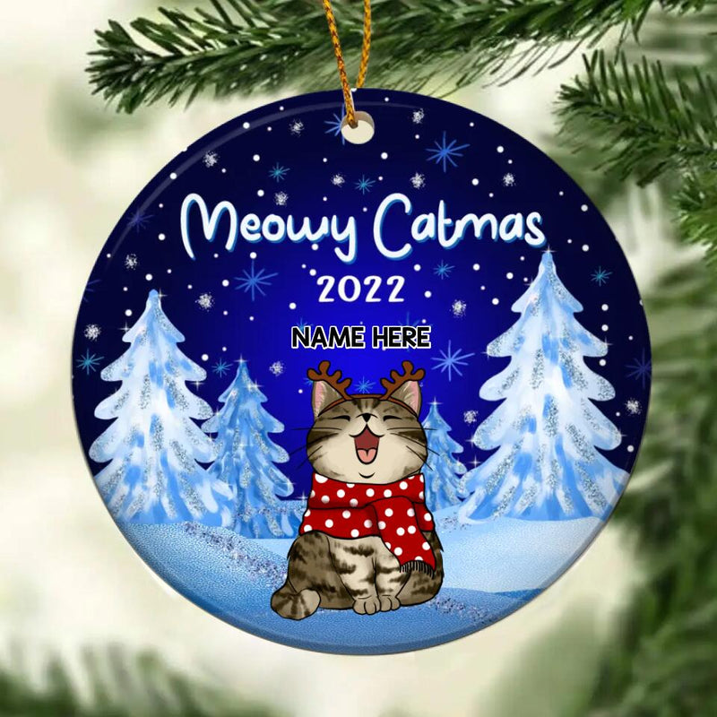 Meowy Catmas 2022 Sparkle Navy Circle Ceramic Ornament - Personalized Cat Lovers Decorative Christmas Ornament