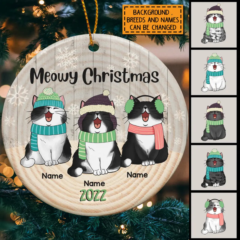 Meowy Christmas 2022 Gray Wooden Circle Ceramic Ornament - Personalized Cat Lovers Decorative Christmas Ornament