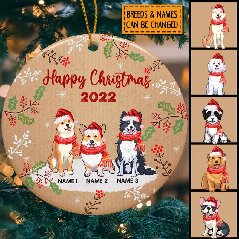 Personalised Happy Christmas 2022 Brown Circle Ceramic Ornament - Personalized Dog Lovers Decorative Christmas Ornament