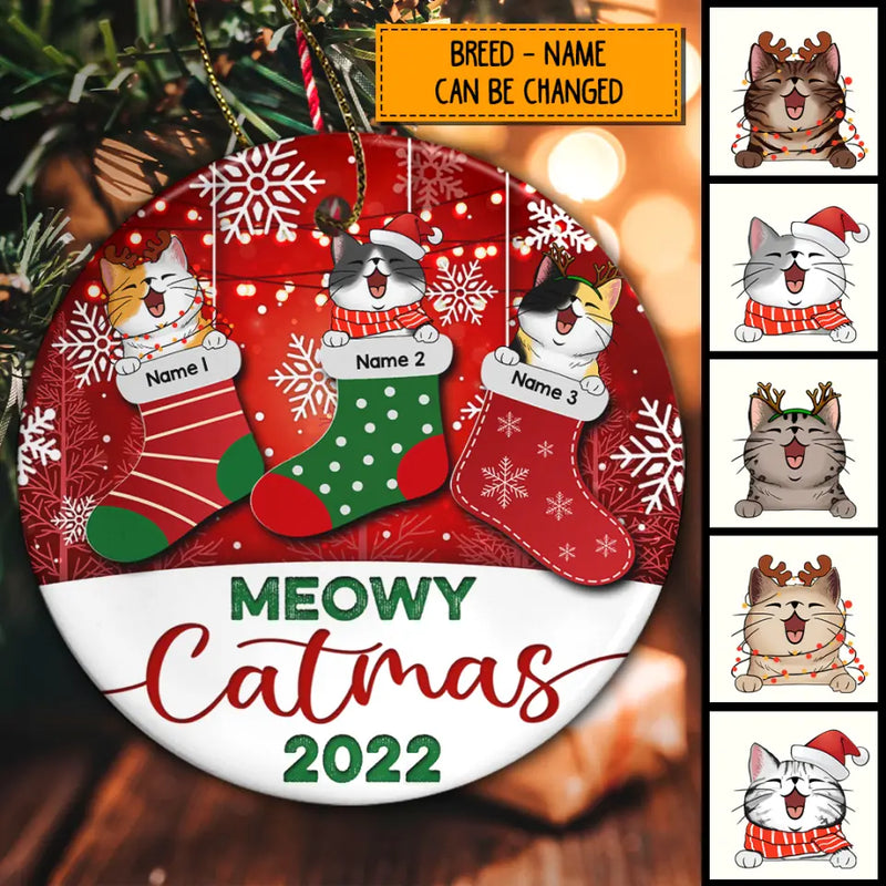 Meowy Catmas 2022 Xmas Stocking Circle Ceramic Ornament - Personalized Cat Lovers Decorative Christmas Ornament