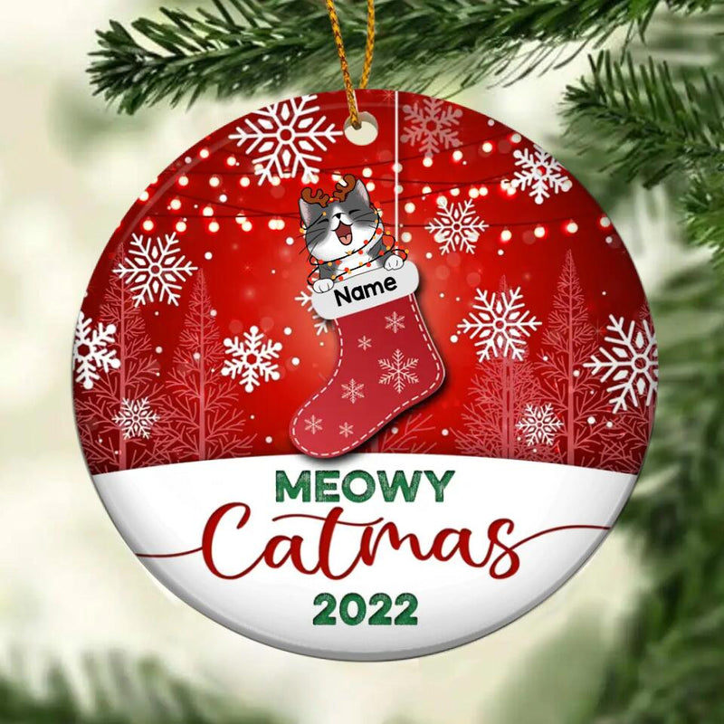 Meowy Catmas 2022 Xmas Stocking Circle Ceramic Ornament - Personalized Cat Lovers Decorative Christmas Ornament