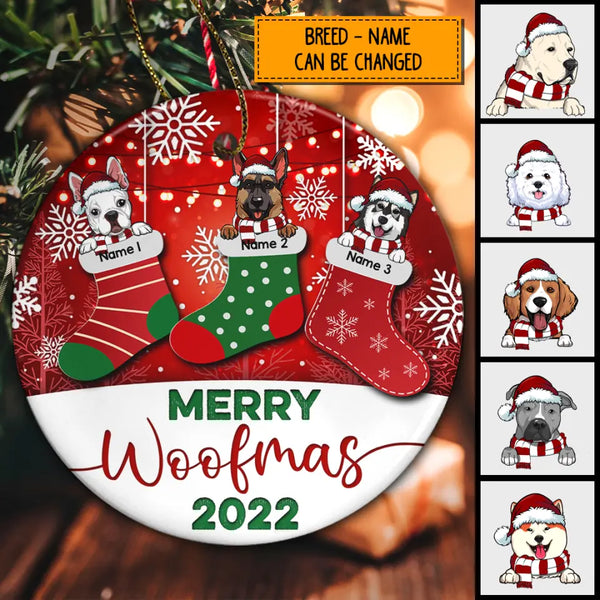 Merry Woofmas 2022 Xmas Stocking Circle Ceramic Ornament - Personalized Dog Lovers Decorative Christmas Ornament