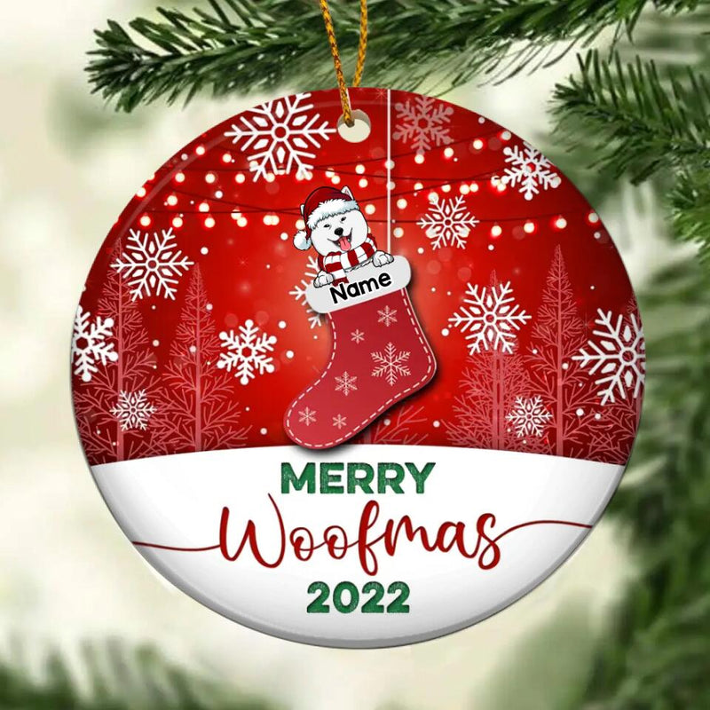 Merry Woofmas 2022 Xmas Stocking Circle Ceramic Ornament - Personalized Dog Lovers Decorative Christmas Ornament