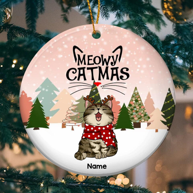 Meowy Catmas 2022 Circle Ceramic Ornament, Cat Wear Christmas Costume With Snowy Pink Background, Personalized Cat Lovers Decorative Christm