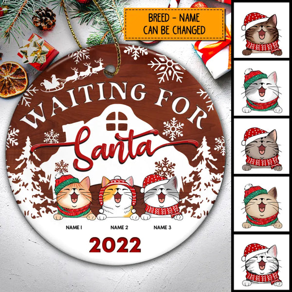 Waiting For Santa 2022 Brown Wooden Circle Ceramic Ornament - Personalized Cat Lovers Decorative Christmas Ornament