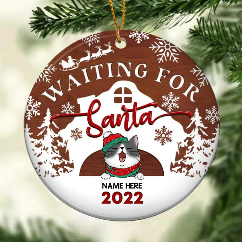 Waiting For Santa 2022 Brown Wooden Circle Ceramic Ornament - Personalized Cat Lovers Decorative Christmas Ornament