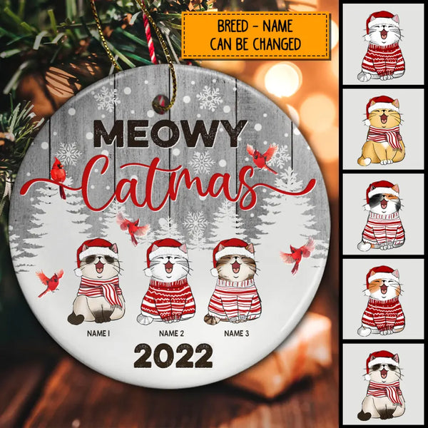 Meowy Catmas 2022 Snowy Gray Wooden Circle Ceramic Ornament - Personalized Cat Lovers Decorative Christmas Ornament