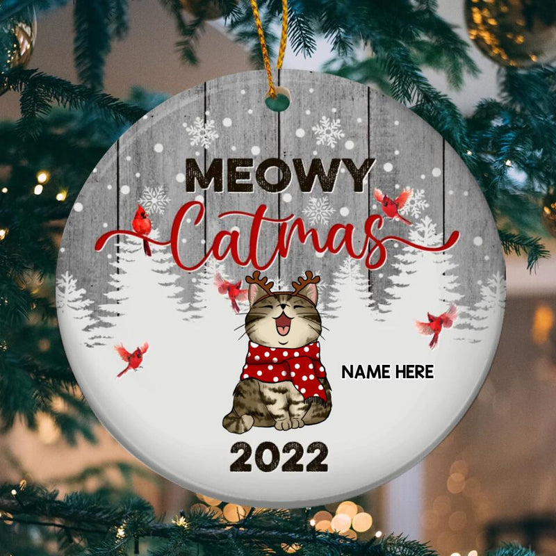 Meowy Catmas 2022 Snowy Gray Wooden Circle Ceramic Ornament - Personalized Cat Lovers Decorative Christmas Ornament