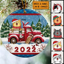 2022 Blue Plaid Snowy Red Truck Circle Ceramic Ornament - Personalized Cat Lovers Decorative Christmas Ornament