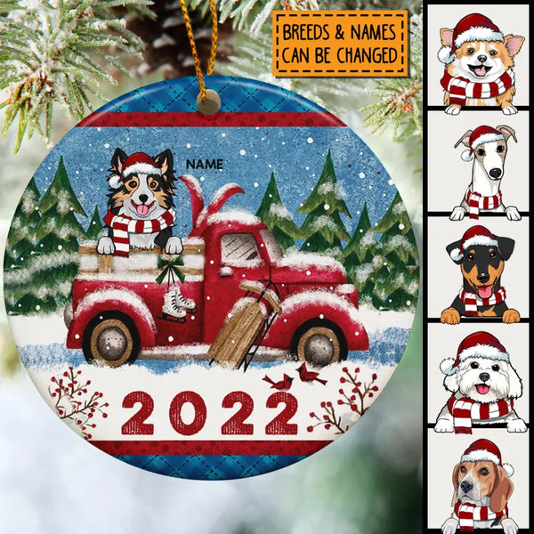 2022 Blue Plaid Snowy Red Truck Circle Ceramic Ornament - Personalized Dog Lovers Decorative Christmas Ornament