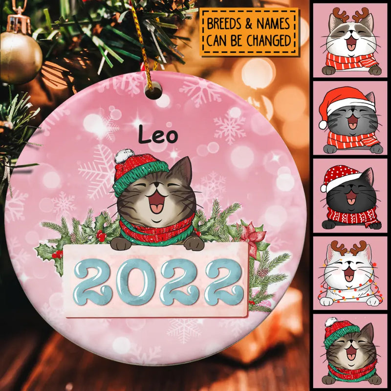 Personalised 2022 Pink Sparkles Circle Ceramic Ornament - Personalized Cat Lovers Decorative Christmas Ornament