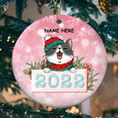 Personalised 2022 Pink Sparkles Circle Ceramic Ornament - Personalized Cat Lovers Decorative Christmas Ornament