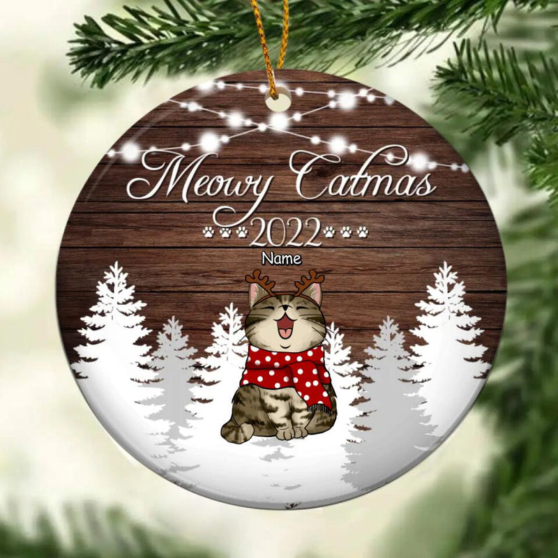 Meowy Catmas 2022 Dark Wooden Circle Ceramic Ornament - Personalized Cat Lovers Decorative Christmas Ornament