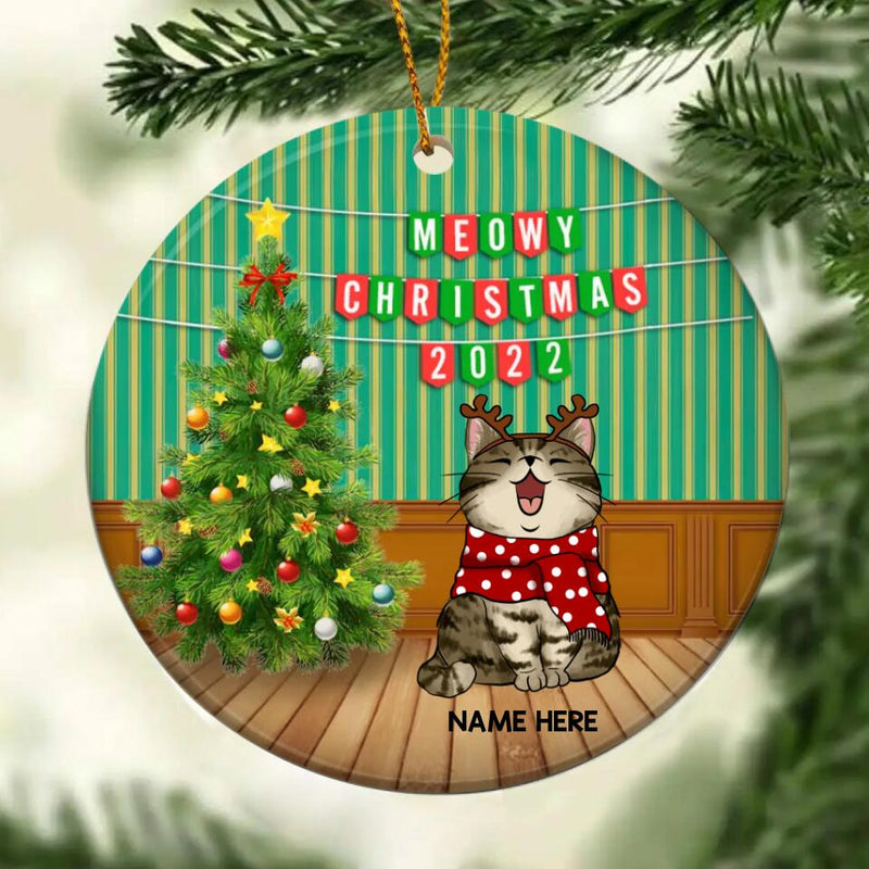 Meowy Christmas 2022 Green Stripes Wall Circle Ceramic Ornament - Personalized Cat Lovers Decorative Christmas Ornament